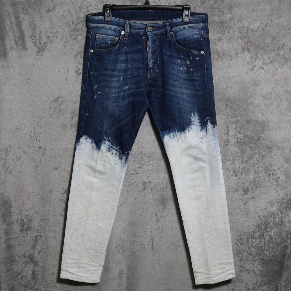 DSQUARED2 Jeans Men 33x30 Blue White Denim Painted Splatter Skinny Made in Italy